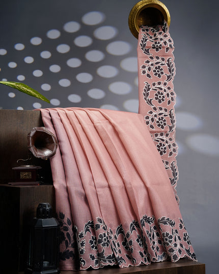 Kota Silk Saree With Floral Print & Ari Work Scallop Border - Light Brown