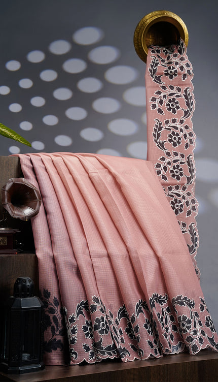 Kota Silk Saree With Floral Print & Ari Work Scallop Border - Light Brown