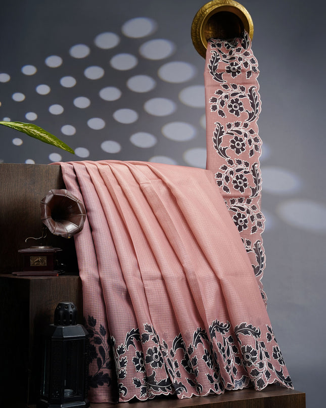 Kota Silk Saree With Floral Print & Ari Work Scallop Border - Light Brown