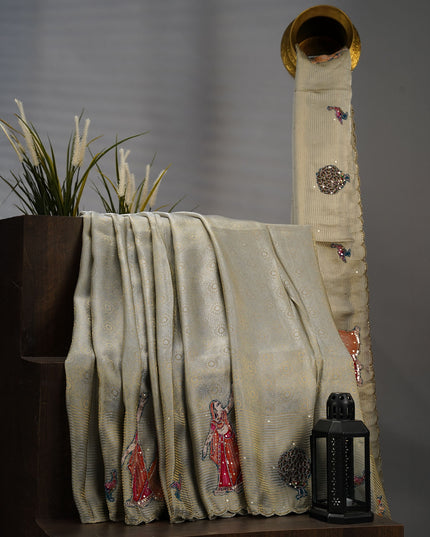 Banaras Silk With Applique And Scallop Border With Kardana Work -  Grey