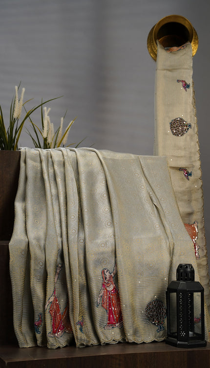 Banaras Silk With Applique And Scallop Border With Kardana Work -  Grey