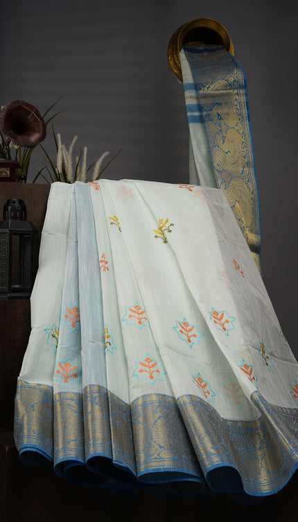 Handloom Cotton Thread Embroidery Buttis Gold Border - Light Blue
