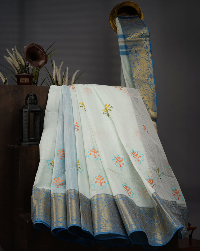 Handloom Cotton Thread Embroidery Buttis Gold Border - Light Blue