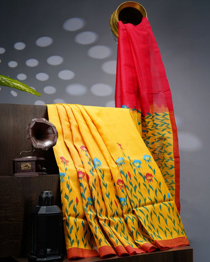 Mangalagiri Silk Saree With Hand Painting - Yellow