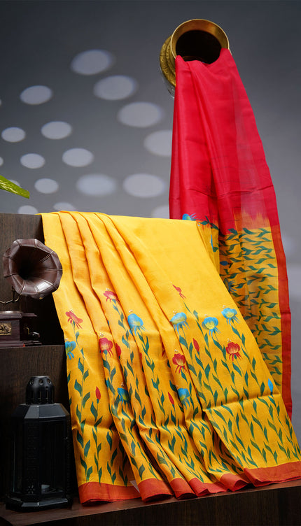 Mangalagiri Silk Saree With Hand Painting - Yellow