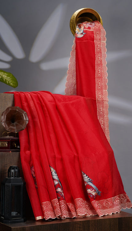 Kota Silk Saree with Applique Work and Scallop Border with Thread Work- Red