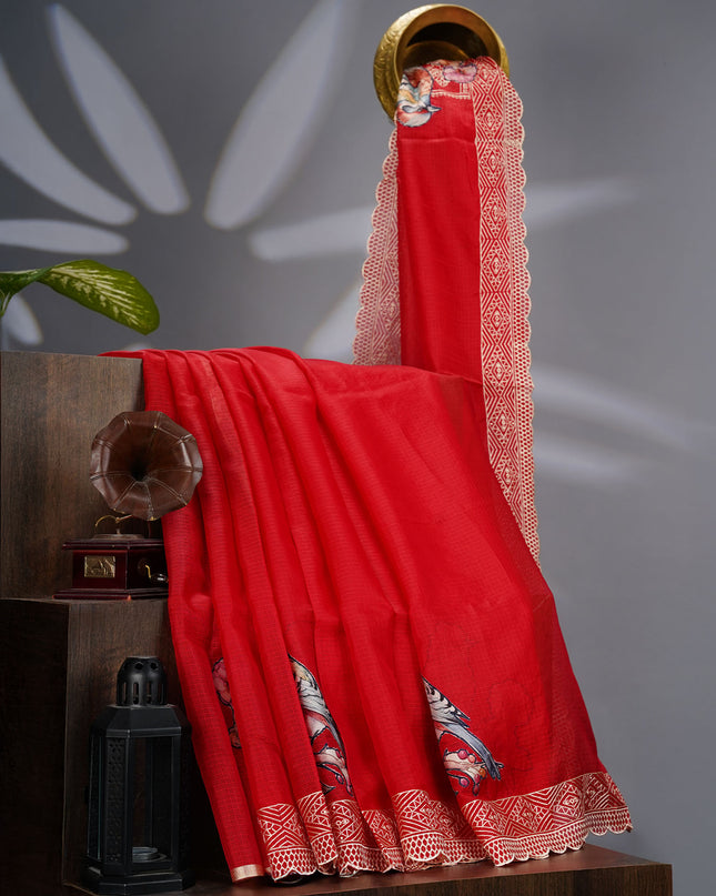 Kota Silk Saree with Applique Work and Scallop Border with Thread Work- Red
