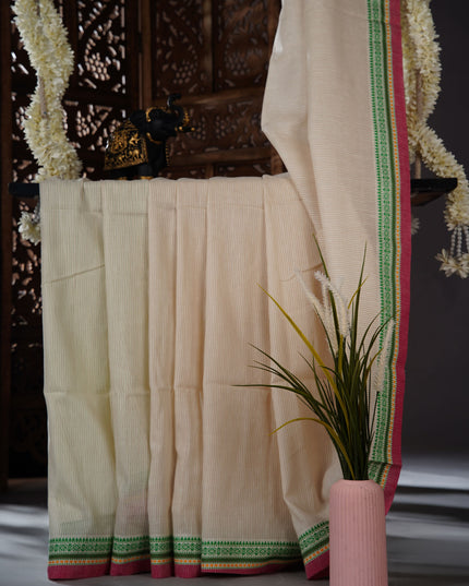 Mul cotton saree with  Allover stripes and contrast border - Off White