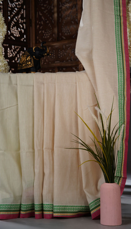 Mul cotton saree with  Allover stripes and contrast border - Off White
