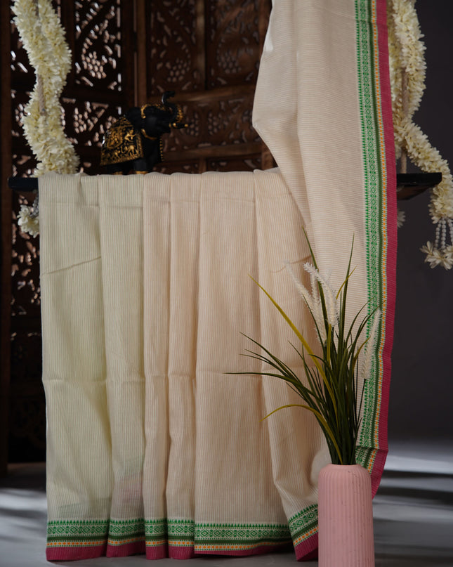 Mul cotton saree with  Allover stripes and contrast border - Off White