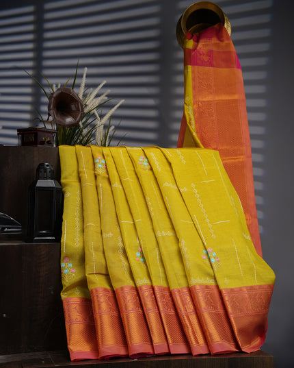 Managalgiri Silk Saree with Thread Embroidery Butties and Gold Border- Lime Green