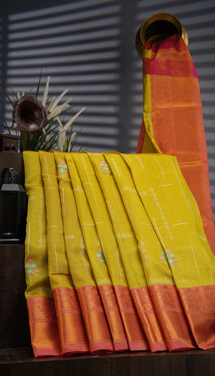 Managalgiri Silk Saree with Thread Embroidery Butties and Gold Border- Lime Green