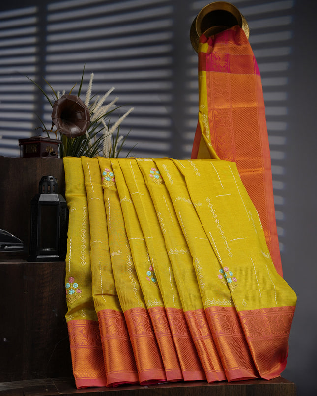 Managalgiri Silk Saree with Thread Embroidery Butties and Gold Border- Lime Green