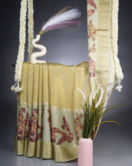 Tissue Georgette Saree With Kalamkari Digital Print & Banaras Border - Pista green