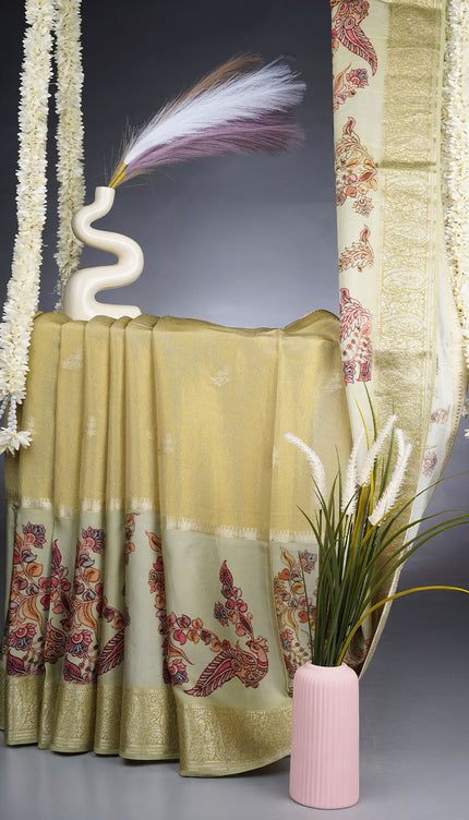 Tissue Georgette Saree With Kalamkari Digital Print & Banaras Border - Pista green