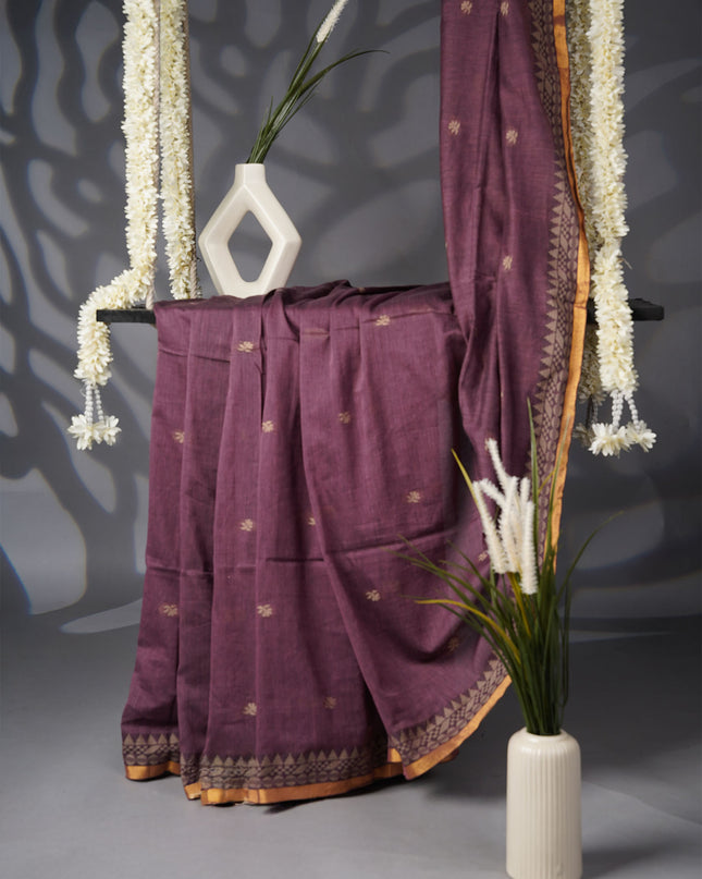 Handloom Cotton Saree with Thread Weaving Butties Border- Onion Pink