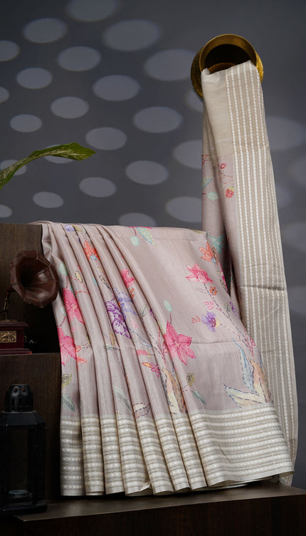 Tusser Silk Saree With Floral Print Border - Beige