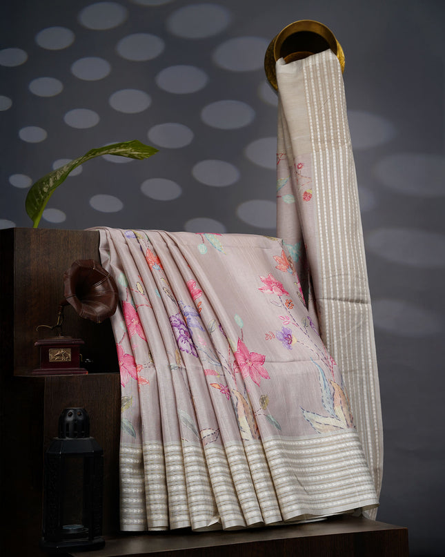 Tusser Silk Saree With Floral Print Border - Beige
