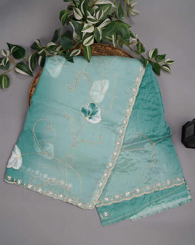 Russian Silk Shibori Saree Applique & Zardosi work  and Scallop Border with Sequence Work