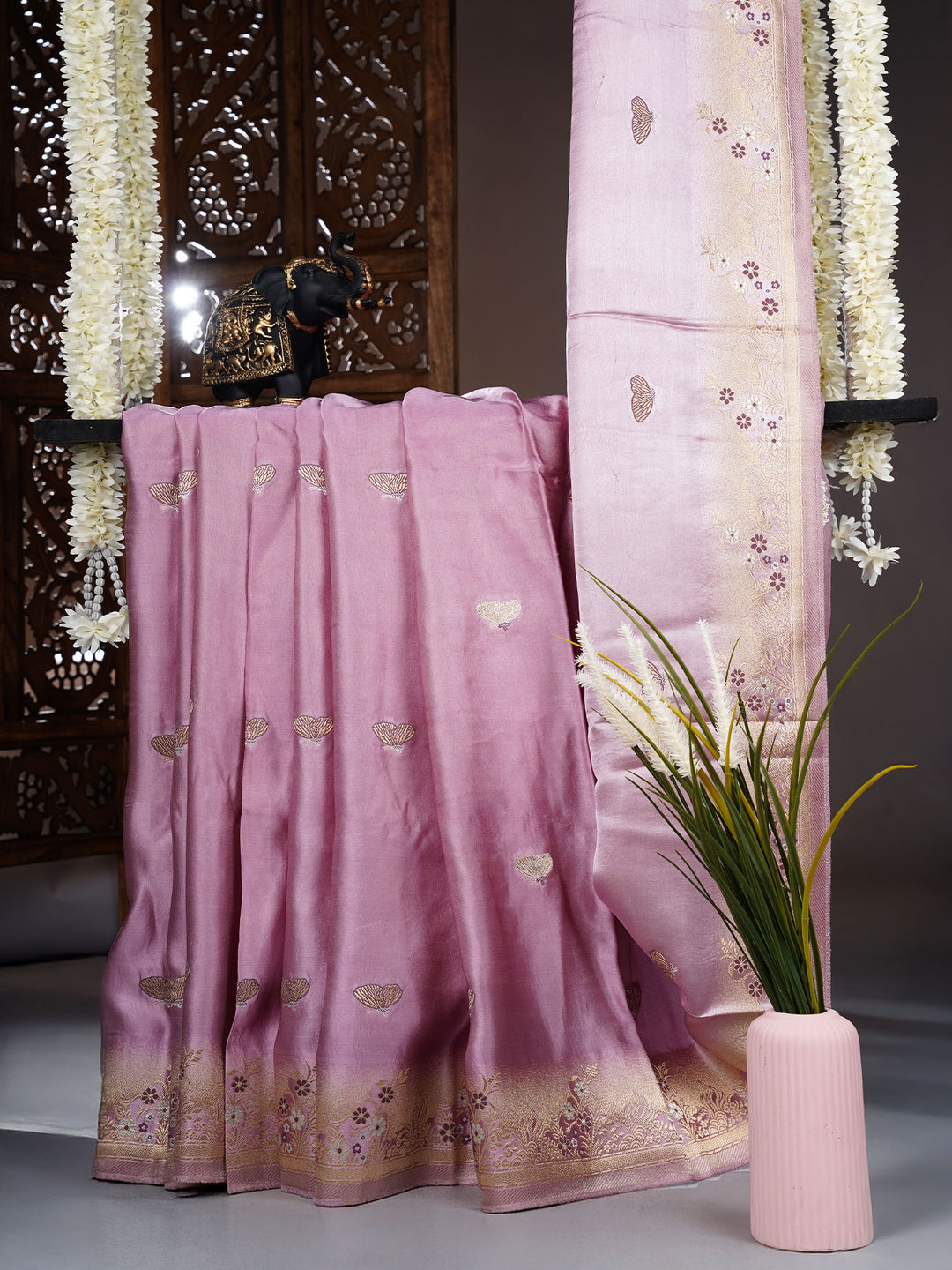 Banaras Silk Saree with Meenakari Butties and Golden Zari Border- Lavender