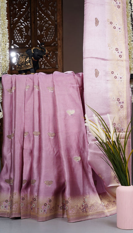 Banaras Silk Saree with Meenakari Butties and Golden Zari Border- Lavender