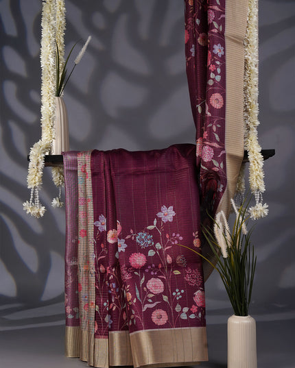 Tusser Silk Saree Floral Print with Contrast Border- Beige Peach