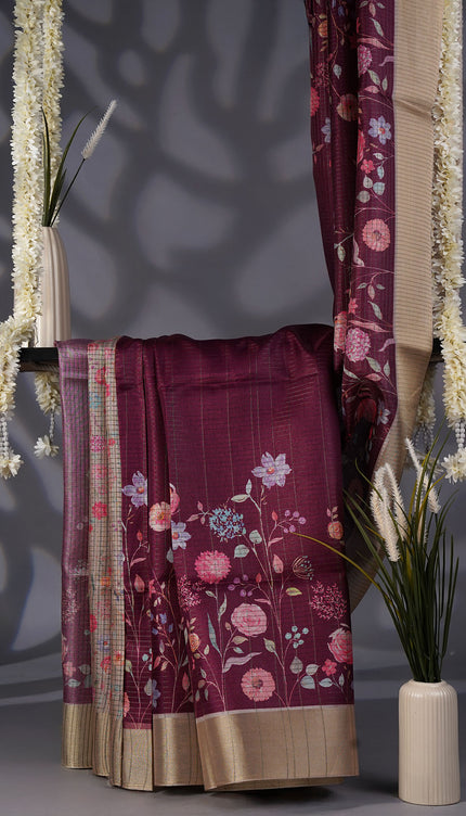 Tusser Silk Saree Floral Print with Contrast Border- Beige Peach