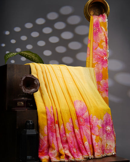 Crepe Saree With Floral Print Scallop Border Kardana Sequence Work - L Yellow