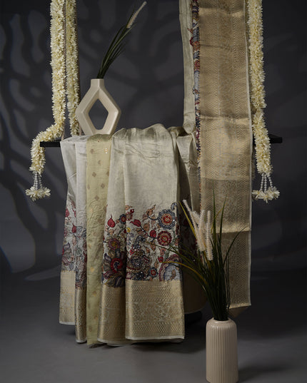 Banaras Silk Saree Kalankari Border and Sequence Kardhana Work- Half White