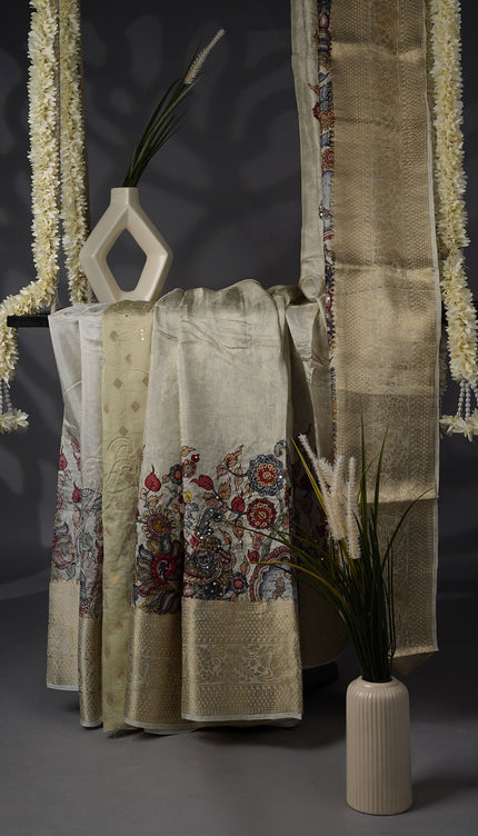 Banaras Silk Saree Kalankari Border and Sequence Kardhana Work- Half White