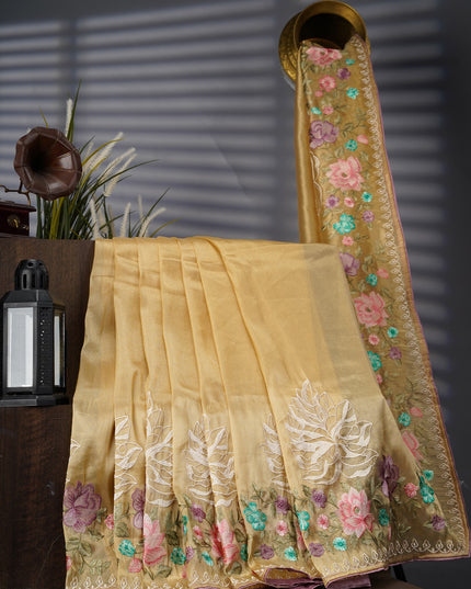 Tissue Georgette With thread Embroidery Work And Border - Mehndi