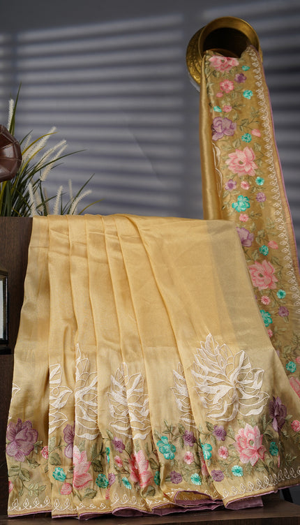 Tissue Georgette With thread Embroidery Work And Border - Mehndi