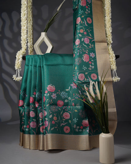 Tusser Silk Saree with Floral Print and Contrast Border- Green