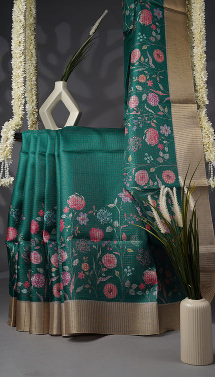 Tusser Silk Saree with Floral Print and Contrast Border- Green