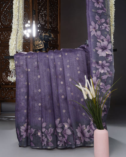 Kota silk saree with digital print zari border - Lavender