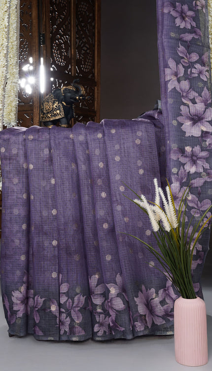 Kota silk saree with digital print zari border - Lavender