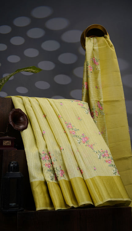 Jute Tusser Silk Saree With Thread Embroidery Work And Satin Border - Pista Green