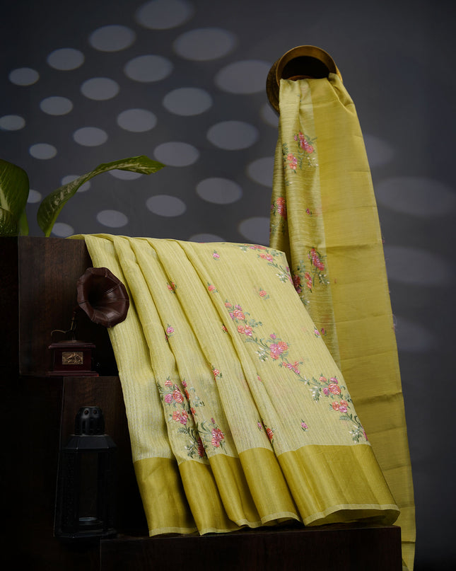 Jute Tusser Silk Saree With Thread Embroidery Work And Satin Border - Pista Green