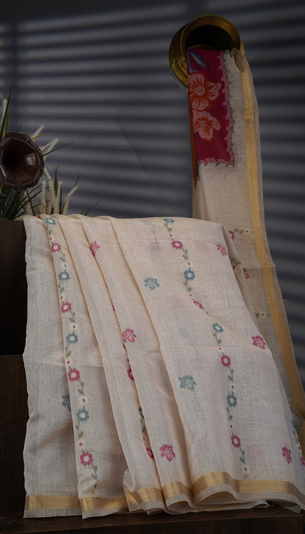 Kanchi Cotton Jamdani Weaving - Cream & Pink