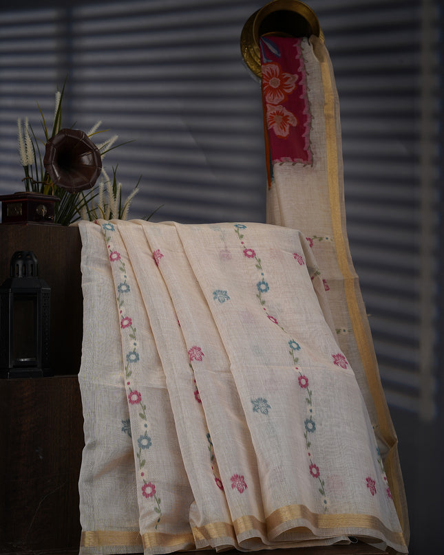 Kanchi Cotton Jamdani Weaving - Cream & Pink