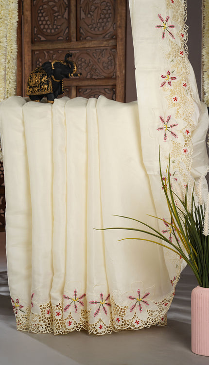 Dupion Saree with Thread  Work and Scallop Border-Off White