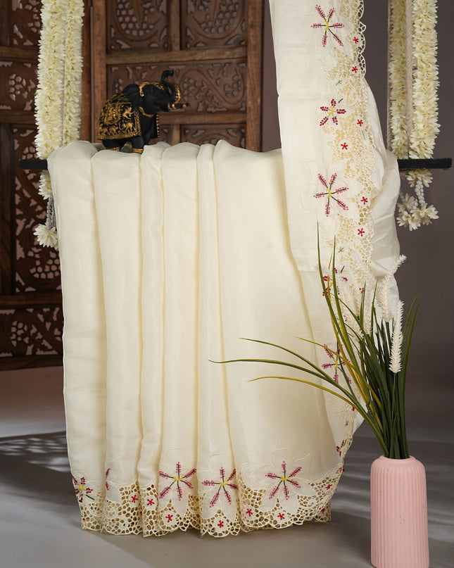 Dupion Saree with Thread  Work and Scallop Border-Off White