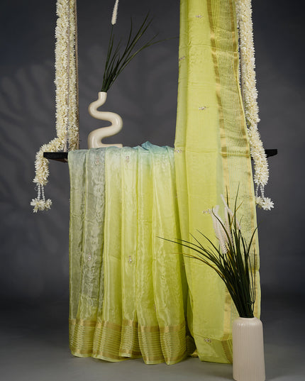 Russian Crepe Kardhana Sequence Work Butties Gold Stripes Border- Pista Green