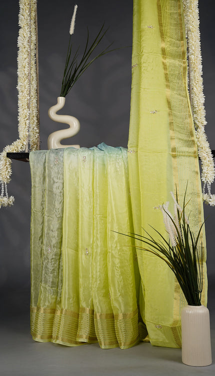 Russian Crepe Kardhana Sequence Work Butties Gold Stripes Border- Pista Green