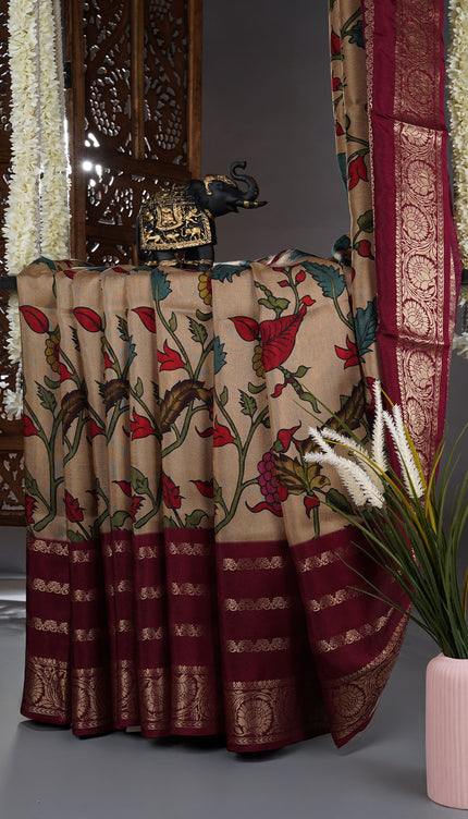 Binny Crepe Saree Floral Print With contrast Border - Cream