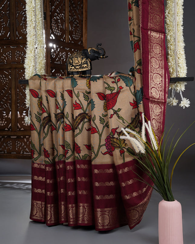 Binny Crepe Saree Floral Print With contrast Border - Cream