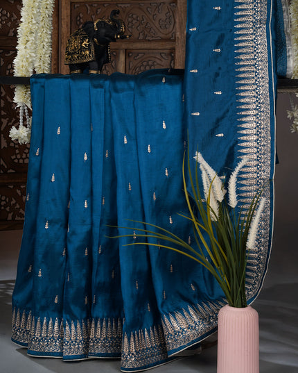 Dupion saree with  pitta  work butties and border - Peacock Blue