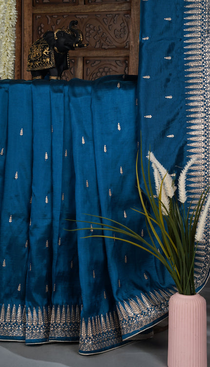 Dupion saree with  pitta  work butties and border - Peacock Blue