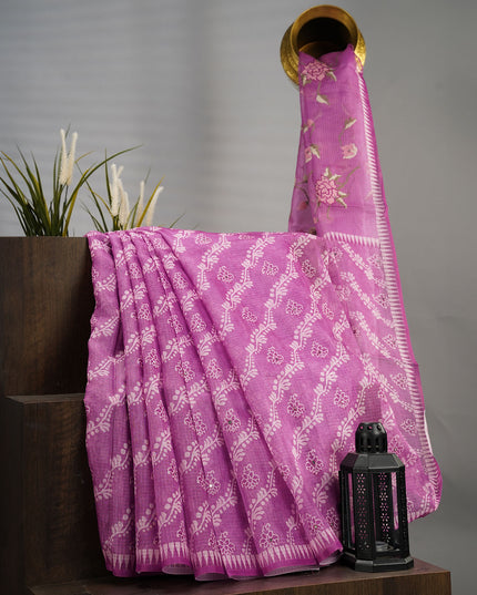 Kota Silk Saree With Digital Print Leharia Pattern With Mirror Work - Purple