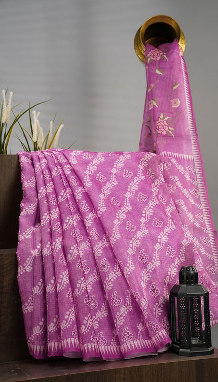 Kota Silk Saree With Digital Print Leharia Pattern With Mirror Work - Purple